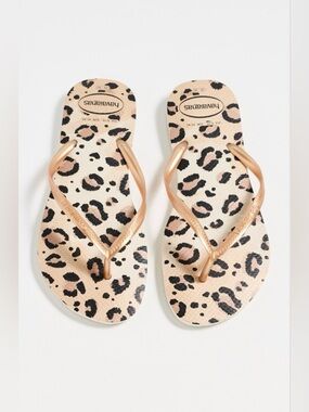 Havaianas Leopard Print Flip Flops in Black and Metallic Bronze Size 9/10 NWT
